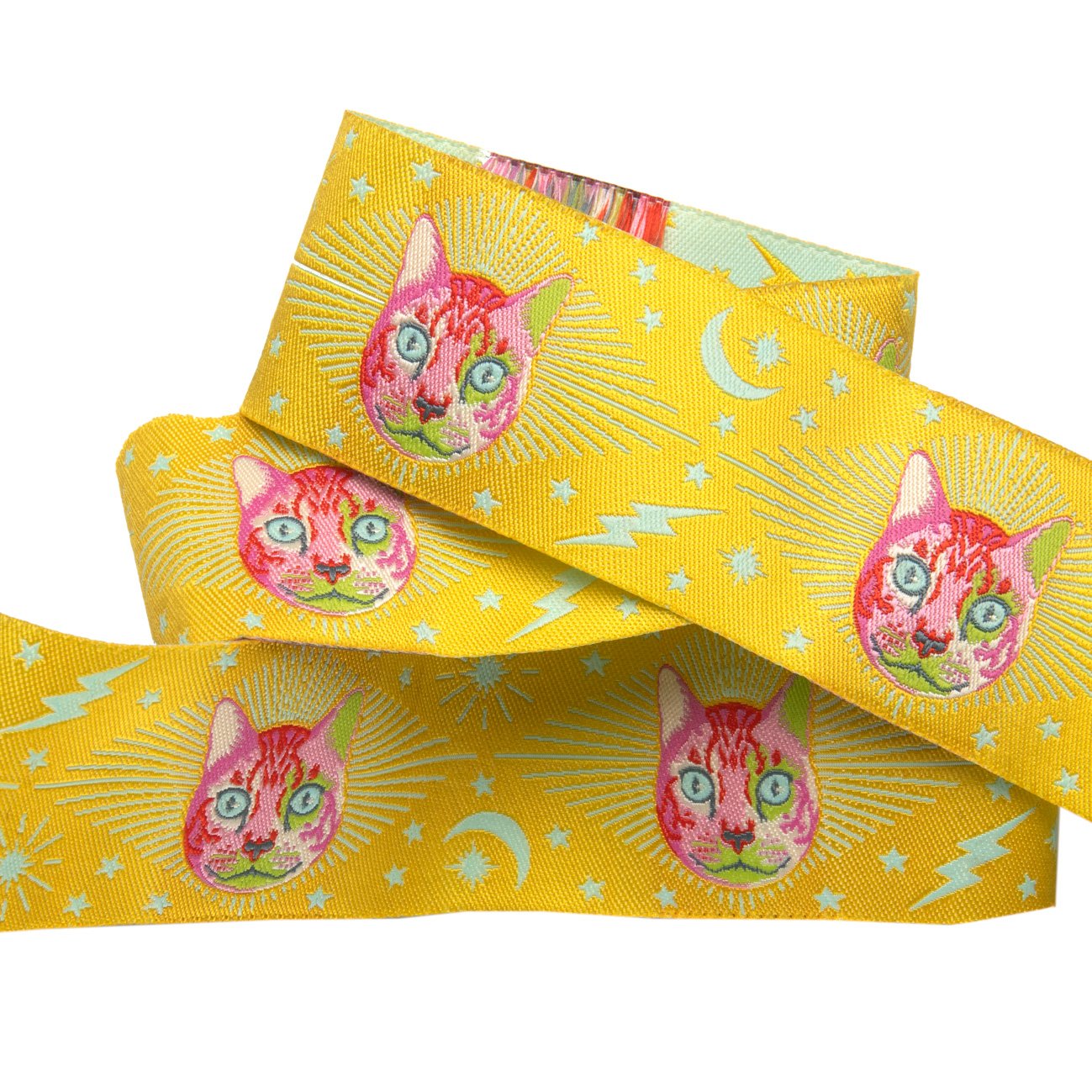 Cheshire Cat in Yellow Ribbon 1 1-2in Tula Pink | Curiouser & Curiouser | TK-75/38mm col 2 | Sold by the Yard